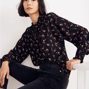 MADEWELL Embroidered Smockneck Top Black Orange Floral Smocked Neck & Sleeves